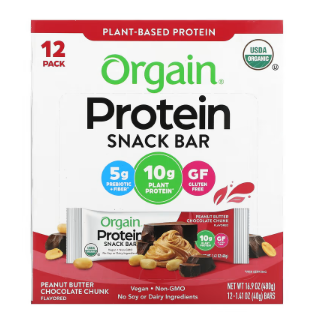 Orgain, Organic Plant-Based Protein Bar, Peanut Butter Chocolate Chunk, 2 Bars, 1.41 oz (40 g Each)