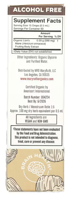 MaryRuth's, Organic Lion's Mane Mushroom Liquid Extract, Alcohol Free, 590 mg, 1 fl oz (30 ml)